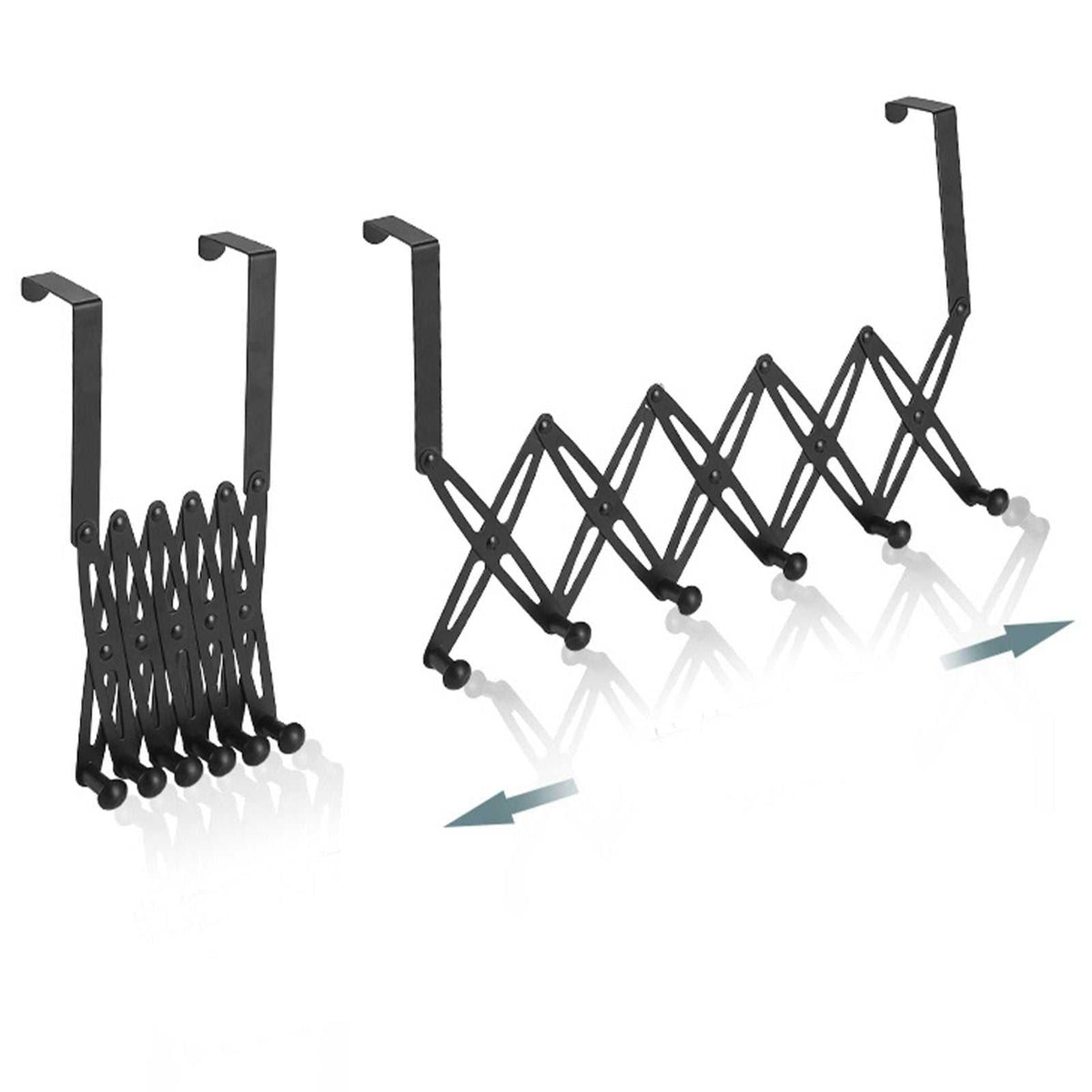 Over Door Hooks expandable rack in black metal with six rounded hooks and a folding lattice frame that extends sideways