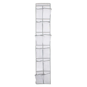 Over Door Storage Bag in white non-woven fabric with 12 mesh pockets, grey edging and two hanging holes