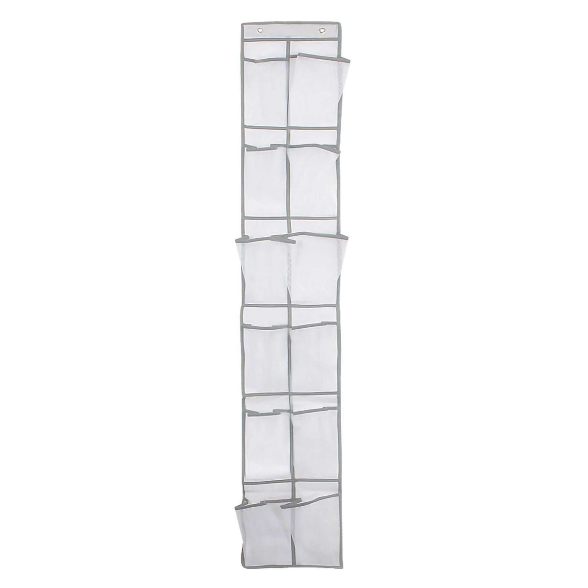 Over Door Storage Bag in white non-woven fabric with 12 mesh pockets, grey edging and two hanging holes