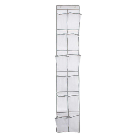 Over Door Storage Bag in white non-woven fabric with 12 mesh pockets, grey edging and two hanging holes
