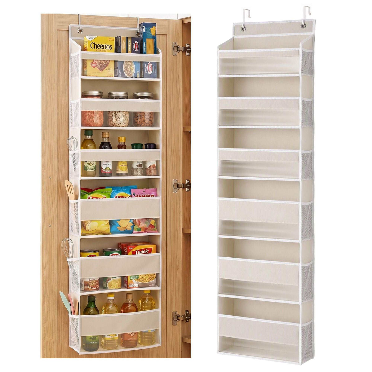 Over Door Storage Hangers in beige fabric with mesh sides, metal hooks and multiple structured pockets for pantry items