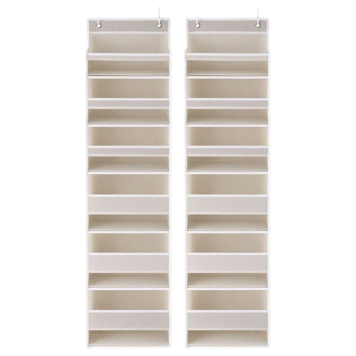 Over Door Storage Hangers in beige non-woven fabric, shown as two tall organisers with six tiers of structured pockets and metal hooks