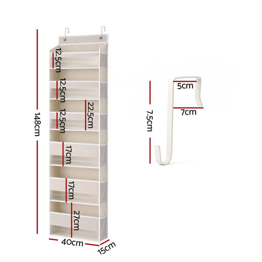 Over Door Storage Hangers in beige fabric with six rigid-lined pockets, mesh sides and metal door hooks