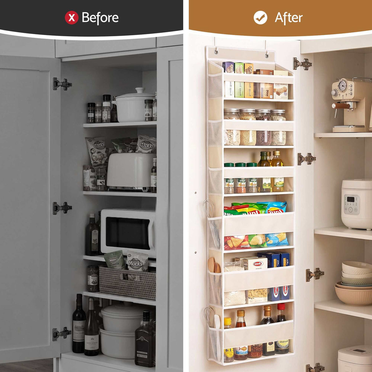 Over Door Storage Hangers in beige fabric with multiple tiered pockets, shown holding pantry items behind a door