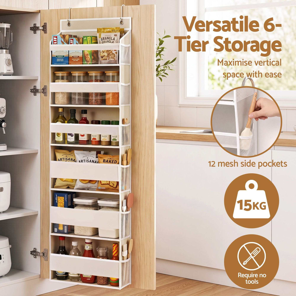 Over Door Storage Hangers in white fabric with six tiers of clear-front pockets and mesh side pockets for pantry storage