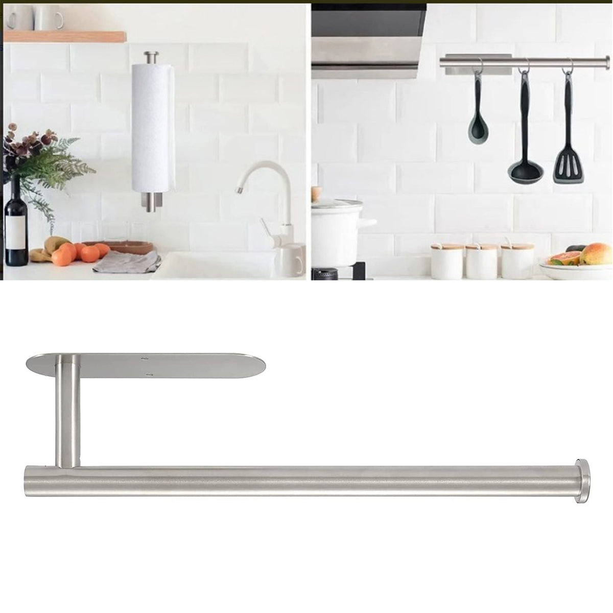Paper Towel Holder 304 Stainless Steel in brushed silver, with a long horizontal rod and compact mounting plate