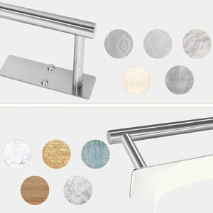 Paper Towel Holder 304 Stainless Steel in silver, with a sleek metal rod, rectangular mounting plate and adhesive pads