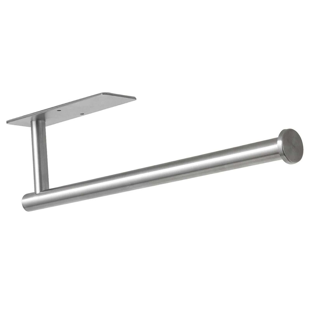 Paper Towel Holder 304 Stainless Steel in silver, with a slim cylindrical bar, flat mounting plate and round end cap