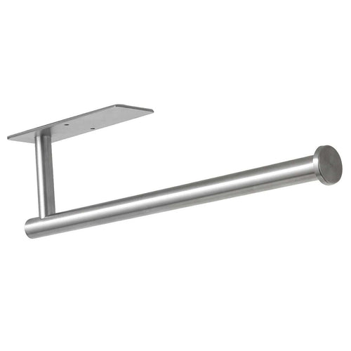 Paper Towel Holder 304 Stainless Steel in silver, with a slim cylindrical bar, flat mounting plate and round end cap