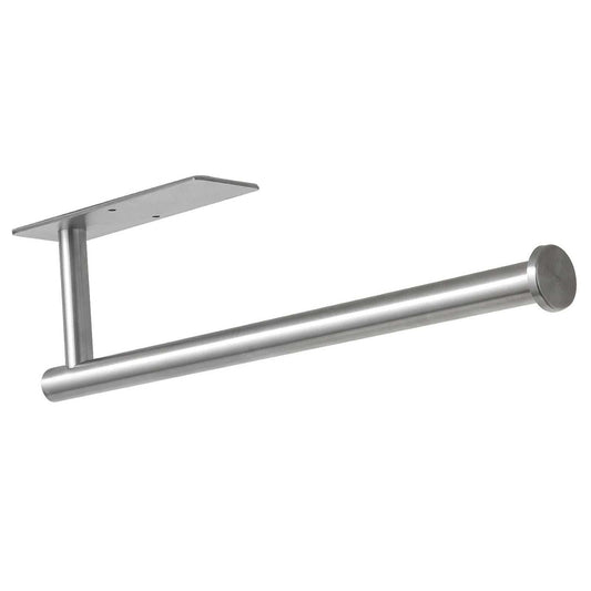 Paper Towel Holder 304 Stainless Steel in silver, with a slim cylindrical bar, flat mounting plate and round end cap
