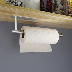 Paper Towel Holder 304 Stainless Steel in silver, with a sleek metal rod mounted horizontally beneath a cabinet
