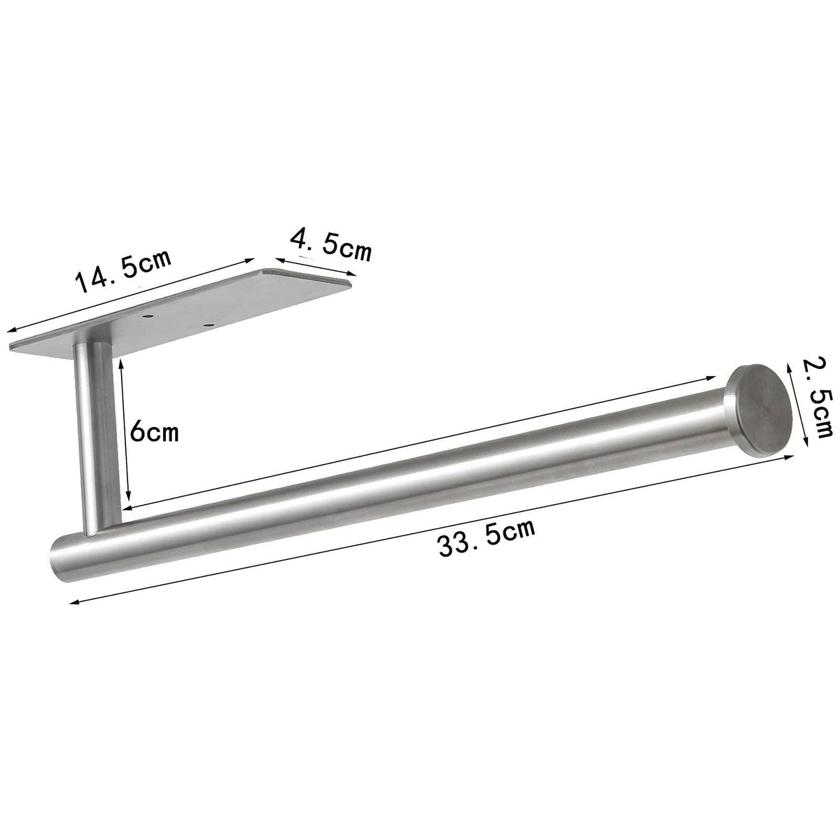 Paper Towel Holder 304 Stainless Steel in silver, with a sleek cylindrical rod and rectangular mounting plate