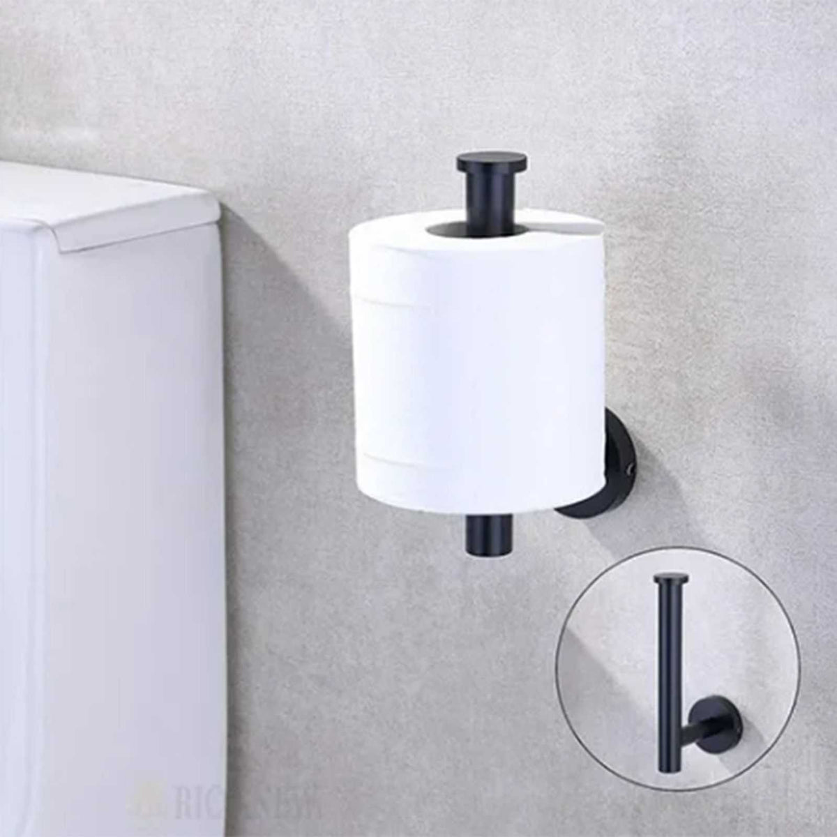 Paper Towel Holder Stainless Steel in matte black, with a vertical wall-mounted spindle holding a white paper roll