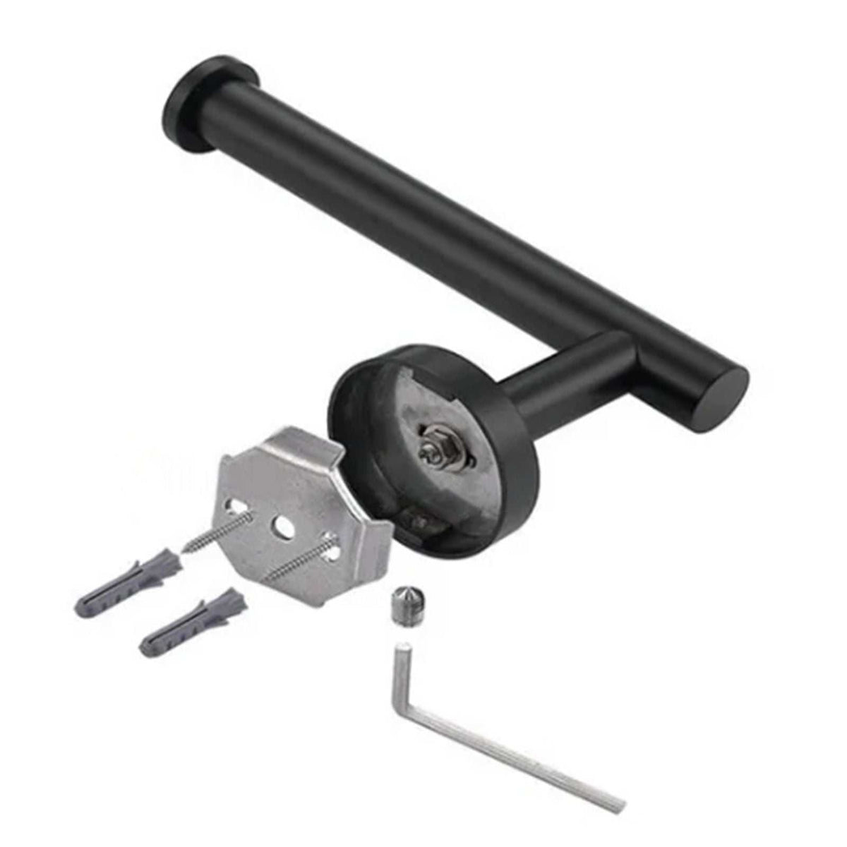Paper Towel Holder Stainless Steel in matte black, with a cylindrical wall-mounted arm, round end cap and mounting hardware