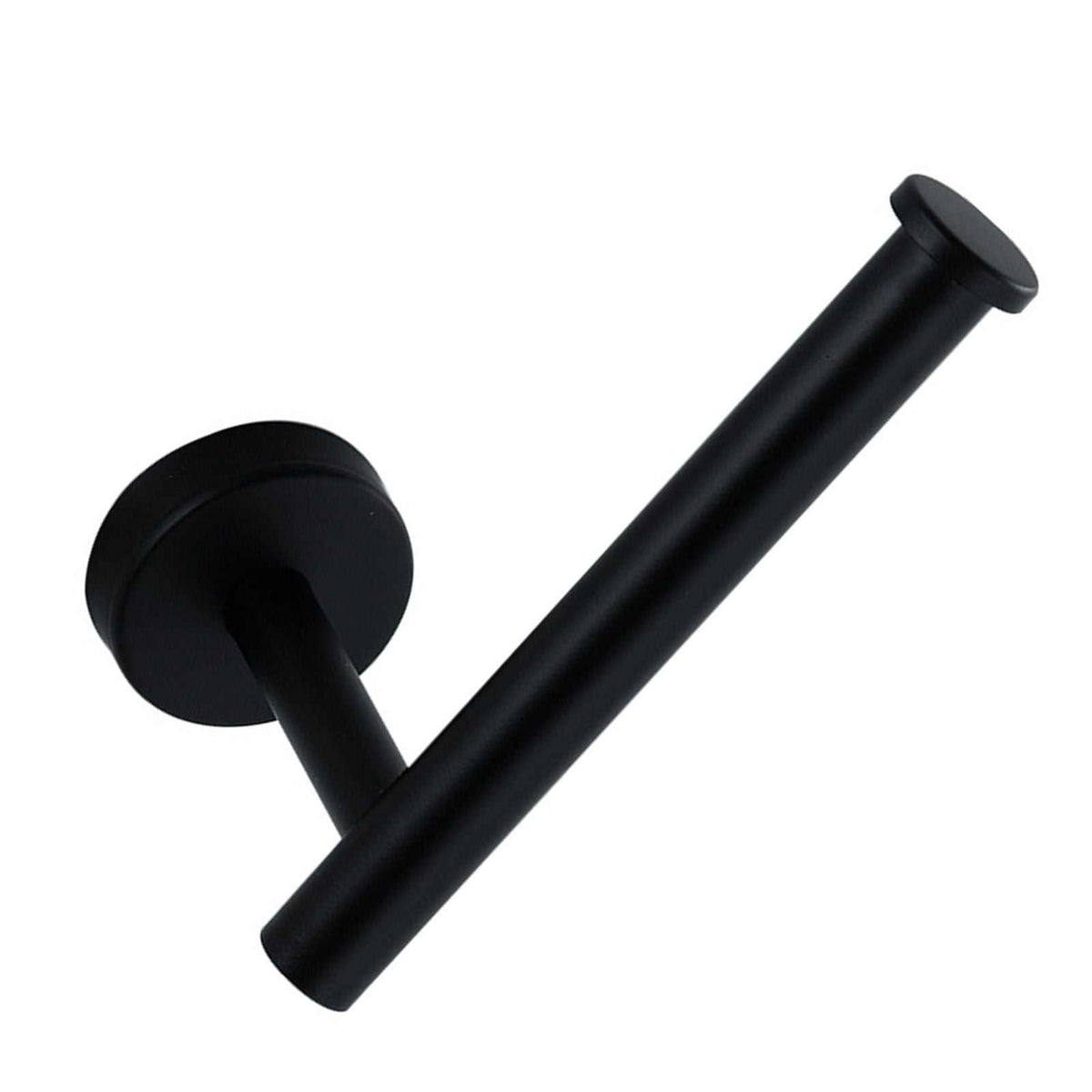 Paper Towel Holder Stainless Steel in matte black with a smooth cylindrical arm, round wall mount and raised end cap