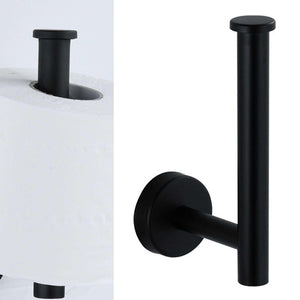 Paper Towel Holder Stainless Steel in matte black, with a cylindrical upright bar, round wall plate and open-ended roll arm