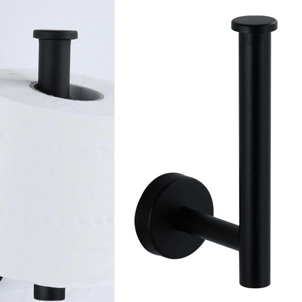 Paper Towel Holder Stainless Steel in matte black, with a cylindrical upright bar, round wall plate and open-ended roll arm