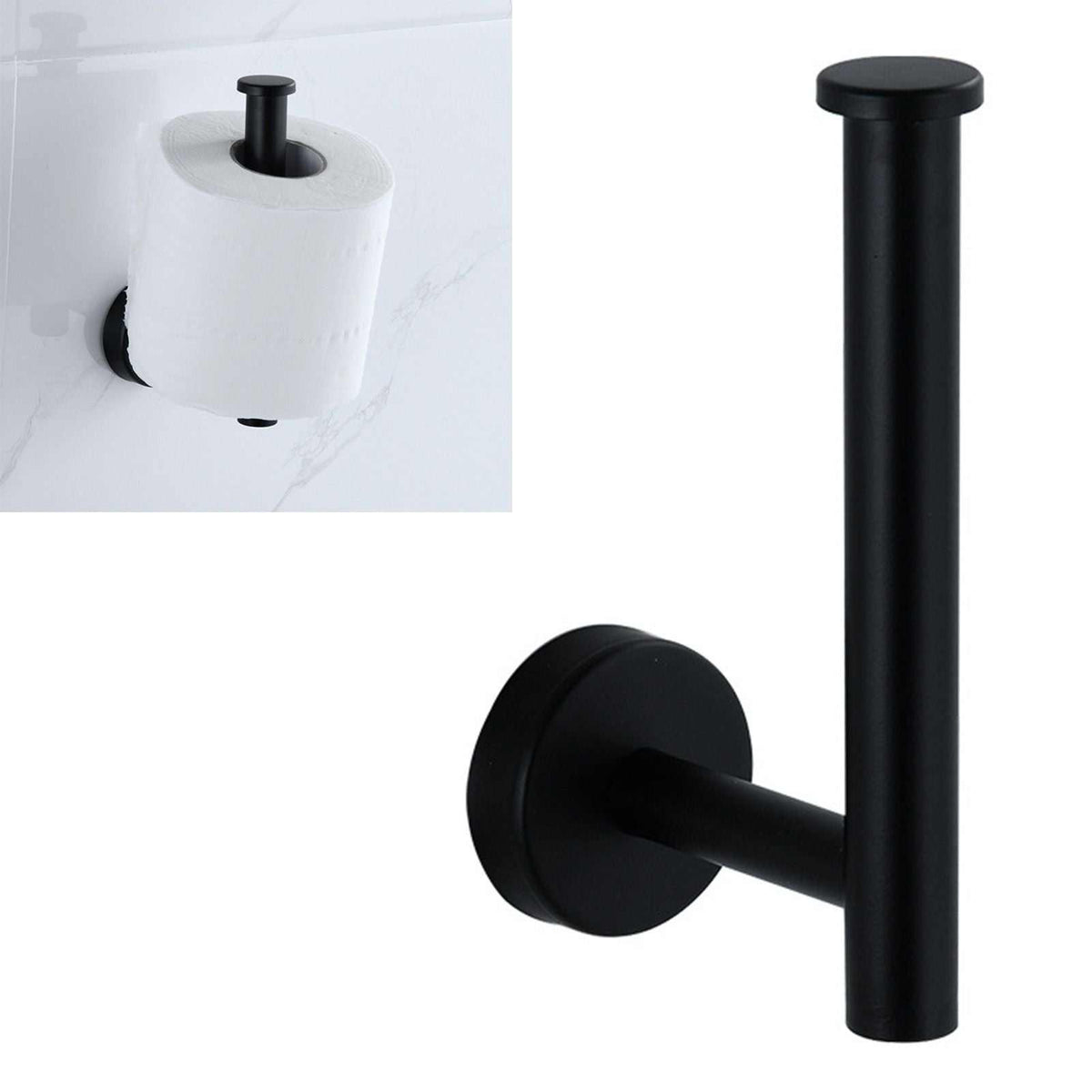 Paper Towel Holder Stainless Steel in matte black with a cylindrical upright post, round wall mount and open roll-holding arm