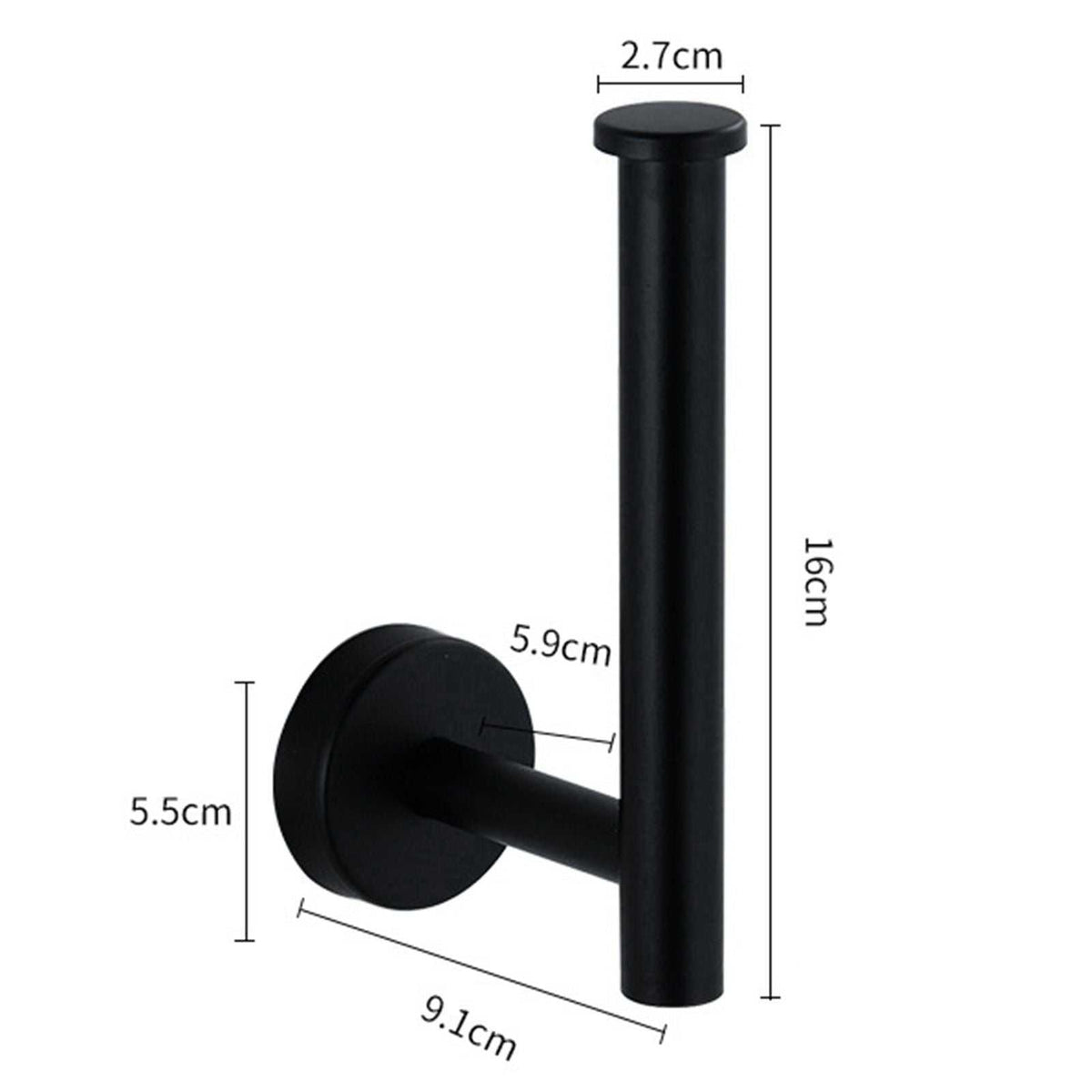 Paper Towel Holder Stainless Steel in matte black, with a round wall mount and vertical cylindrical arm with a capped end