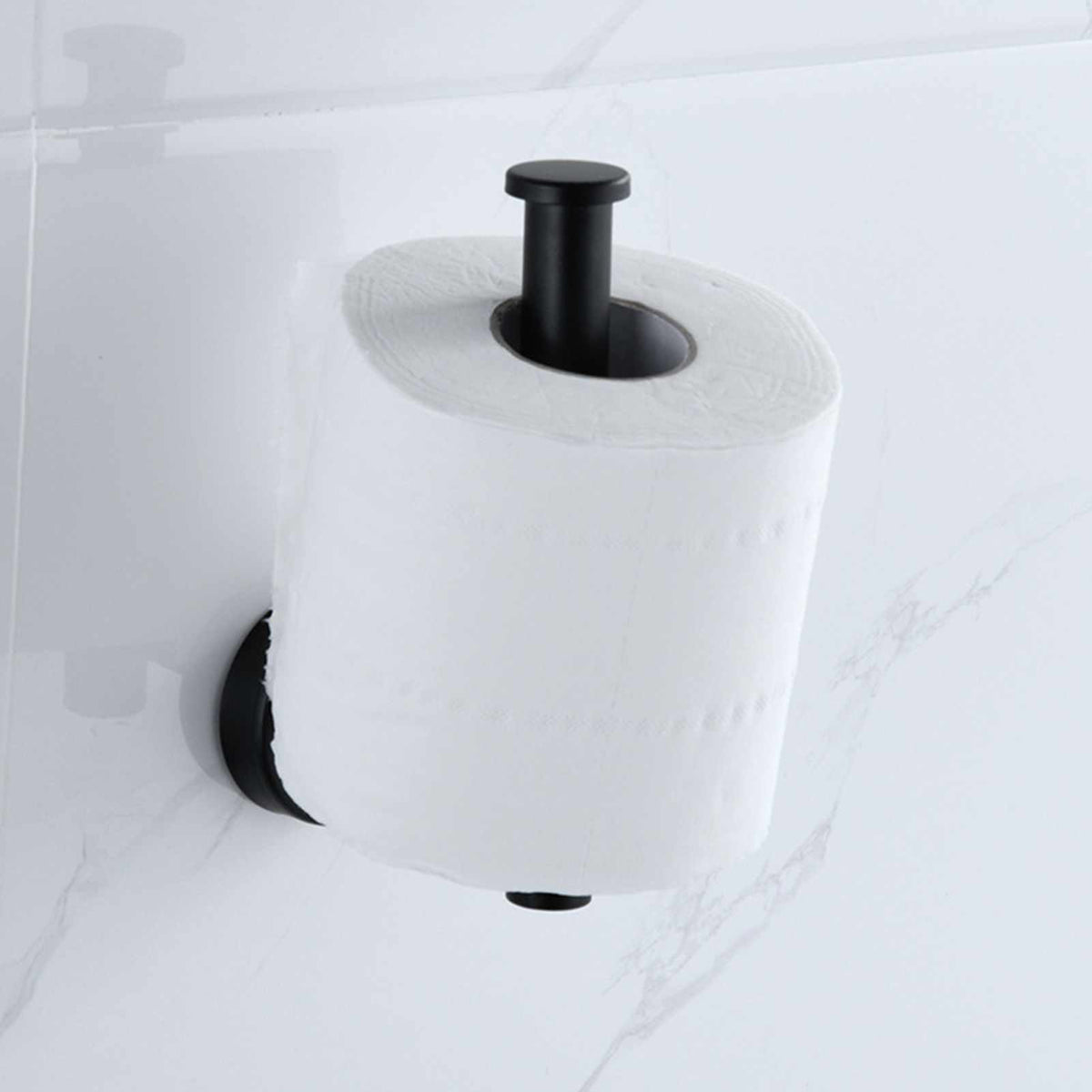 Paper Towel Holder Stainless Steel in matte black, with a cylindrical center post holding a white paper roll on a wall mount