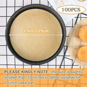Parchment Paper Rounds in natural brown, precut circular sheets shown fitting a black 10-inch cake pan
