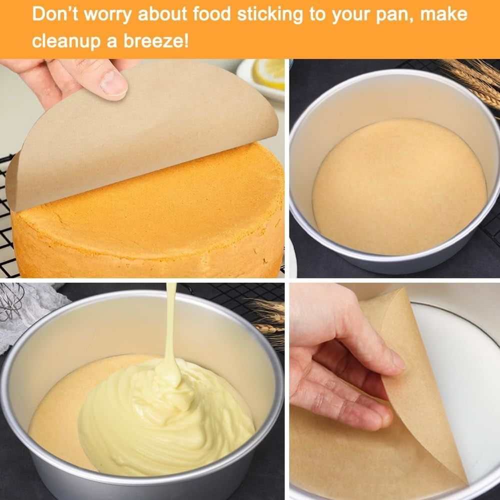 Parchment Paper Rounds in tan nonstick paper, shown lining a cake pan and peeling cleanly from baked sponge cake.