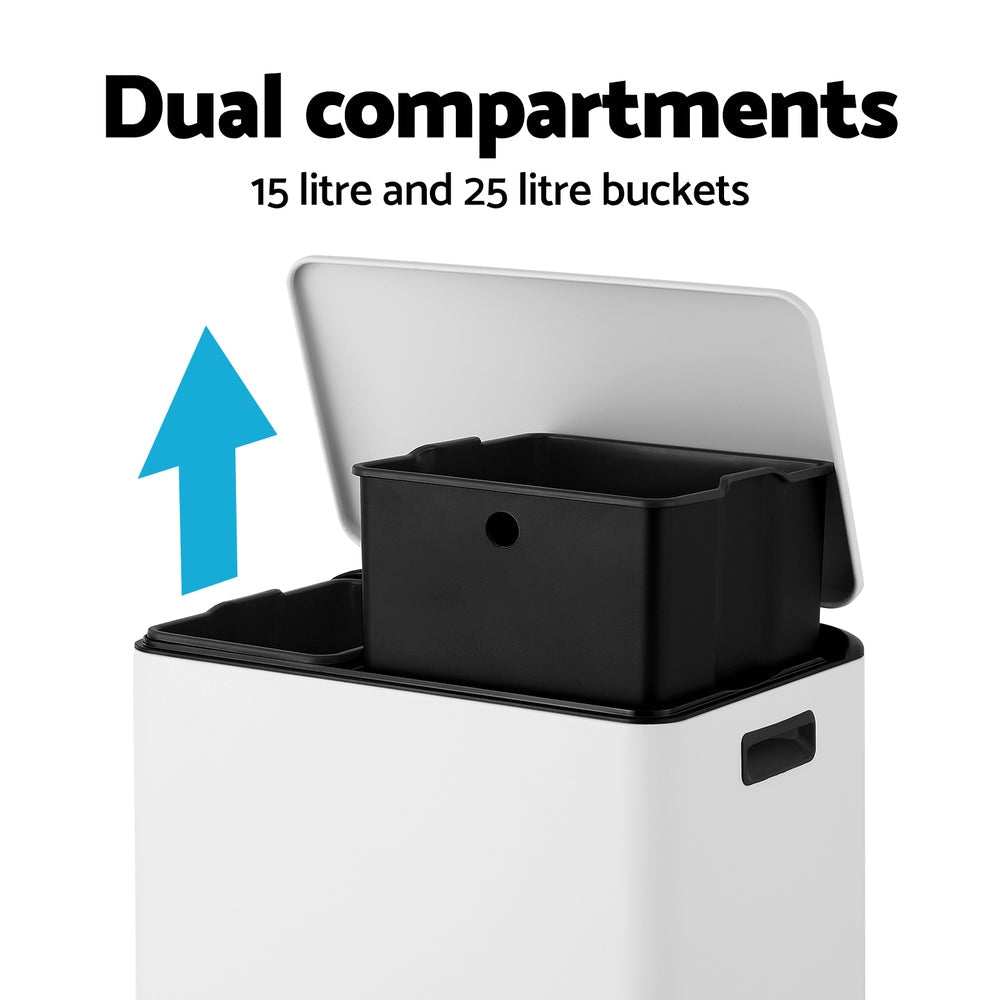 Pedal Bins white rectangular dual-compartment bin with raised lid and removable black inner buckets