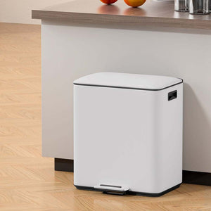 Pedal Bins white rectangular dual-compartment bin with a smooth metal body, black trim and a front foot pedal