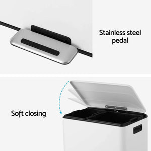 Pedal Bins in white steel feature dual compartments, a soft-closing lid and a stainless steel pedal for sorting waste