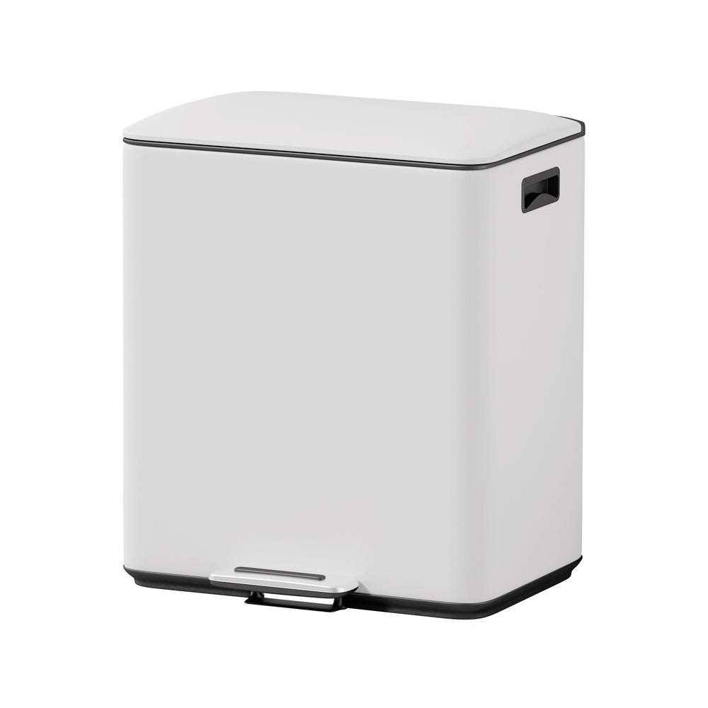 Pedal Bins white rectangular metal bin with a fitted lid, black trim and front stainless steel foot pedal