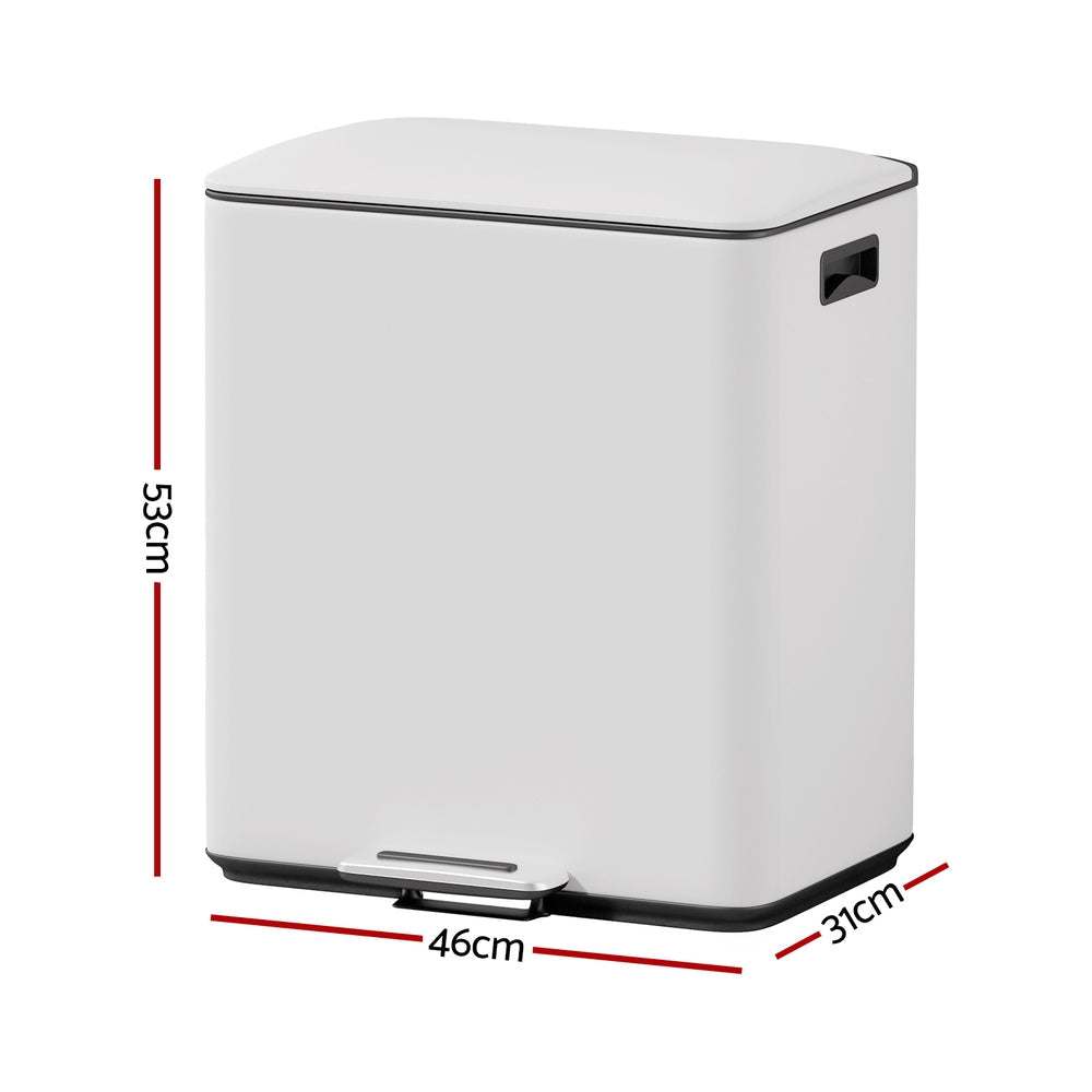 Pedal Bins in white carbon steel with a rectangular shape, black trim, soft-close lid and front pedal