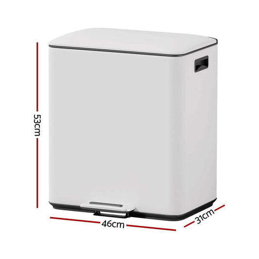 Pedal Bins in white carbon steel with a rectangular shape, black trim, soft-close lid and front pedal