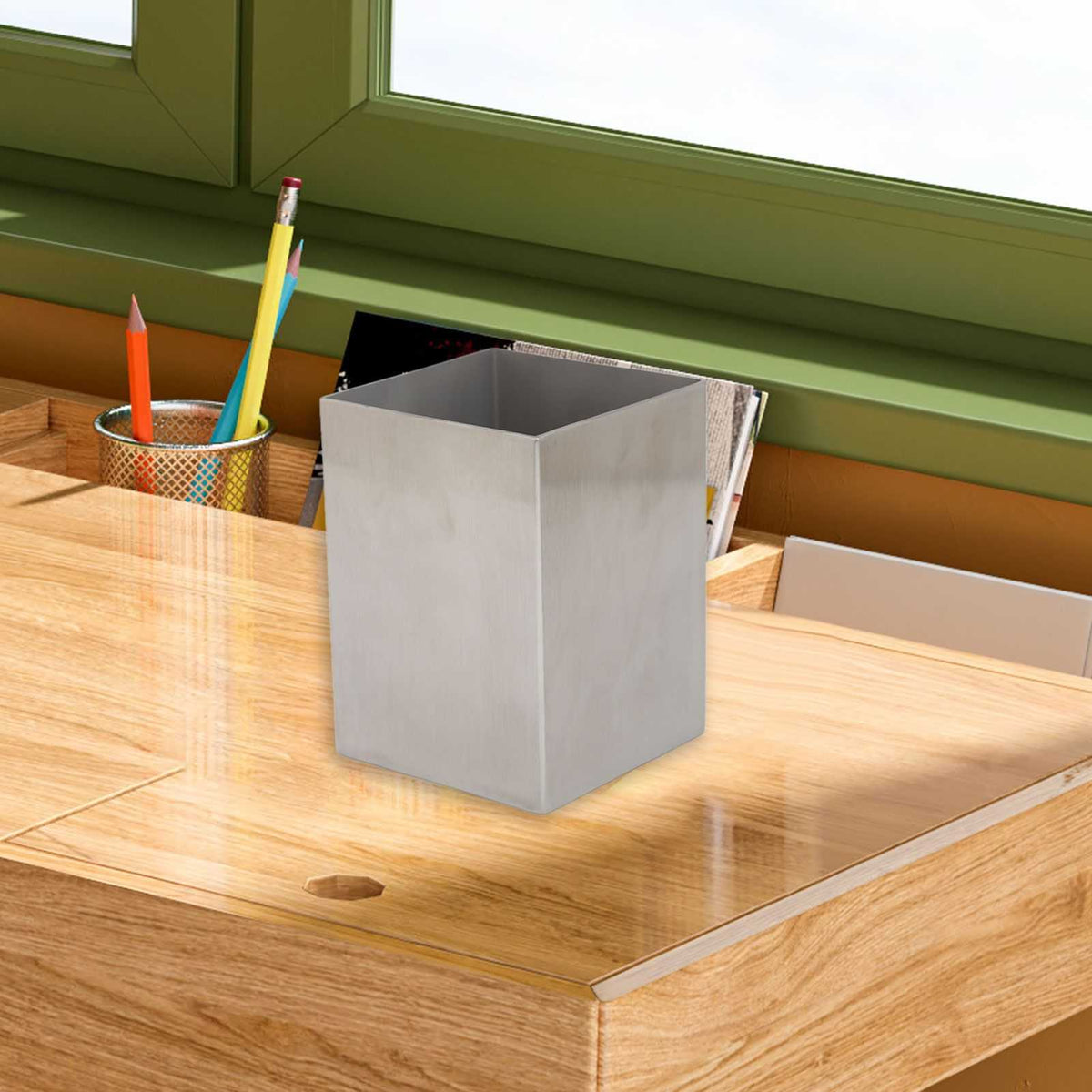 Pencil Cup 304 Stainless Steel in silver with a smooth rectangular body and open top, holding stationery