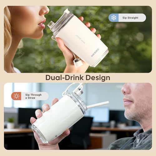 Personal Juicer white insulated cup with a clear dual-drink lid, shown with a drinking spout and straw option