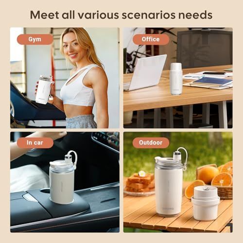 Personal Juicer cup in white with a cylindrical insulated body and clear spout lid with carry loop