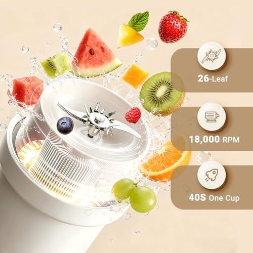 Personal Juicer with a white ribbed cup, stainless steel blade assembly, and 26-leaf design rated at 18,000 RPM.
