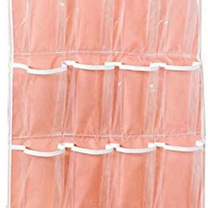 Pink wardrobe hanging storage bag with translucent pink fabric, white edging and four rows of clear-front pockets