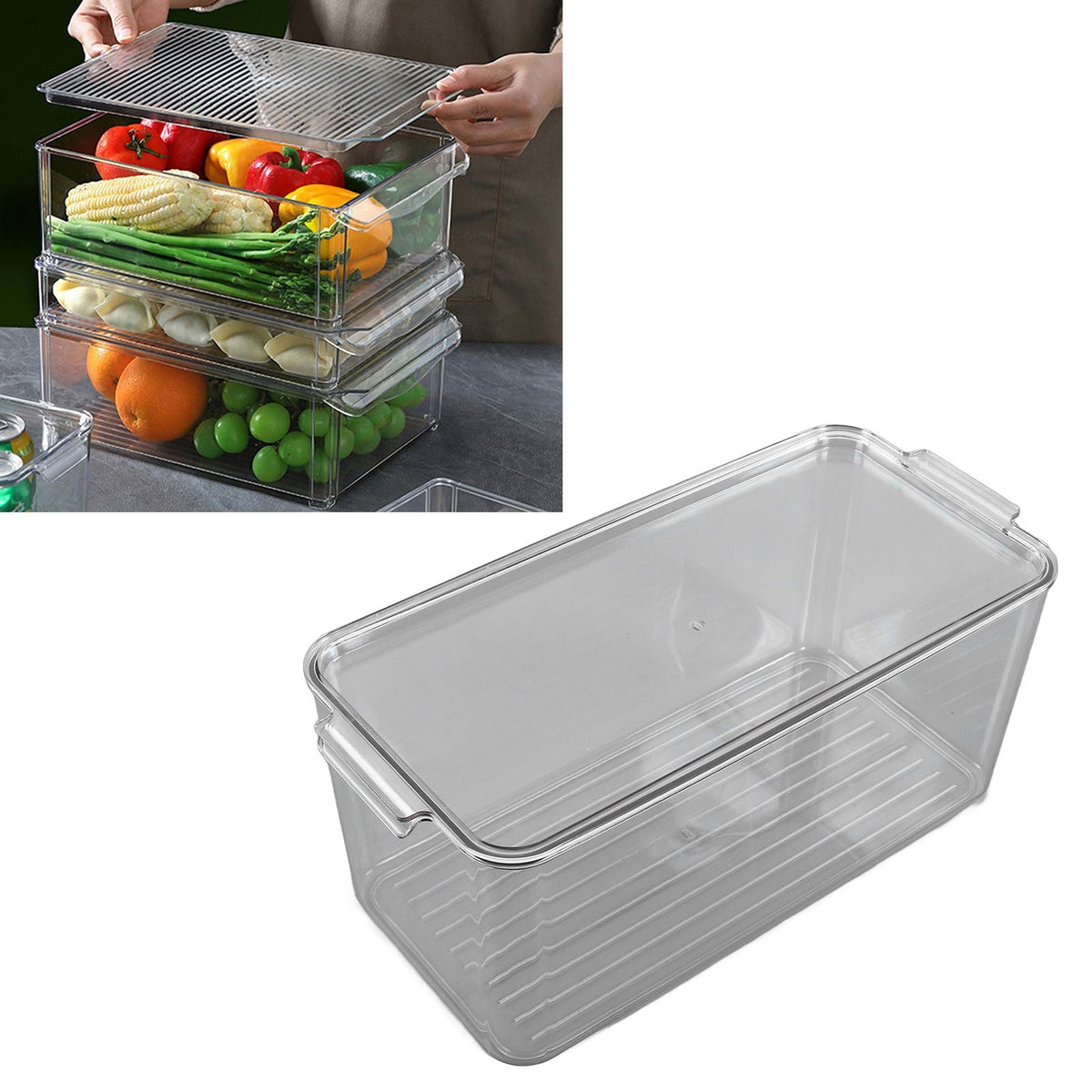 Plastic Storage Box, clear rigid plastic container with a fitted lid, stackable shape and ribbed base