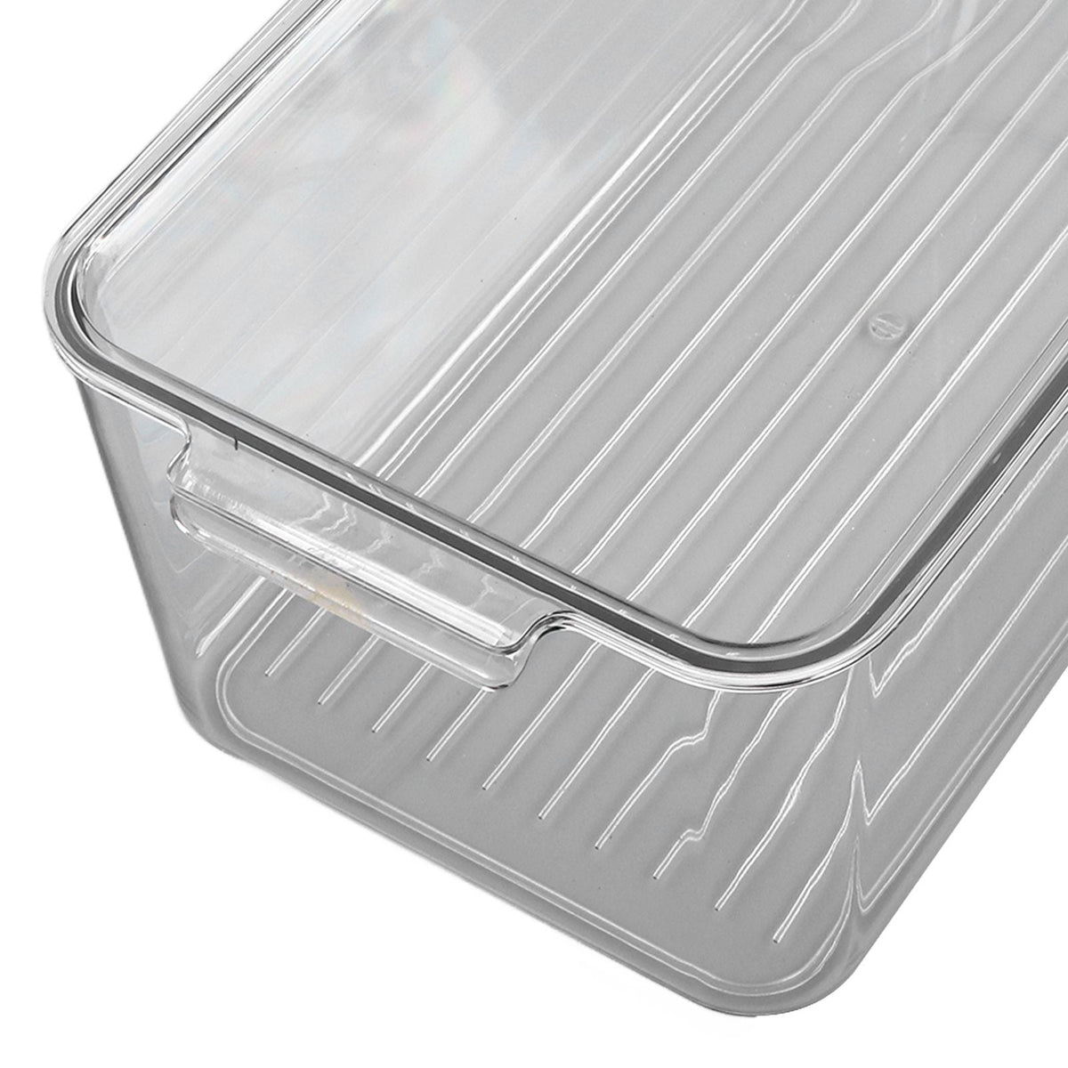 Plastic Storage Box in clear transparent plastic with a fitted lid, rounded corners and ridged sides