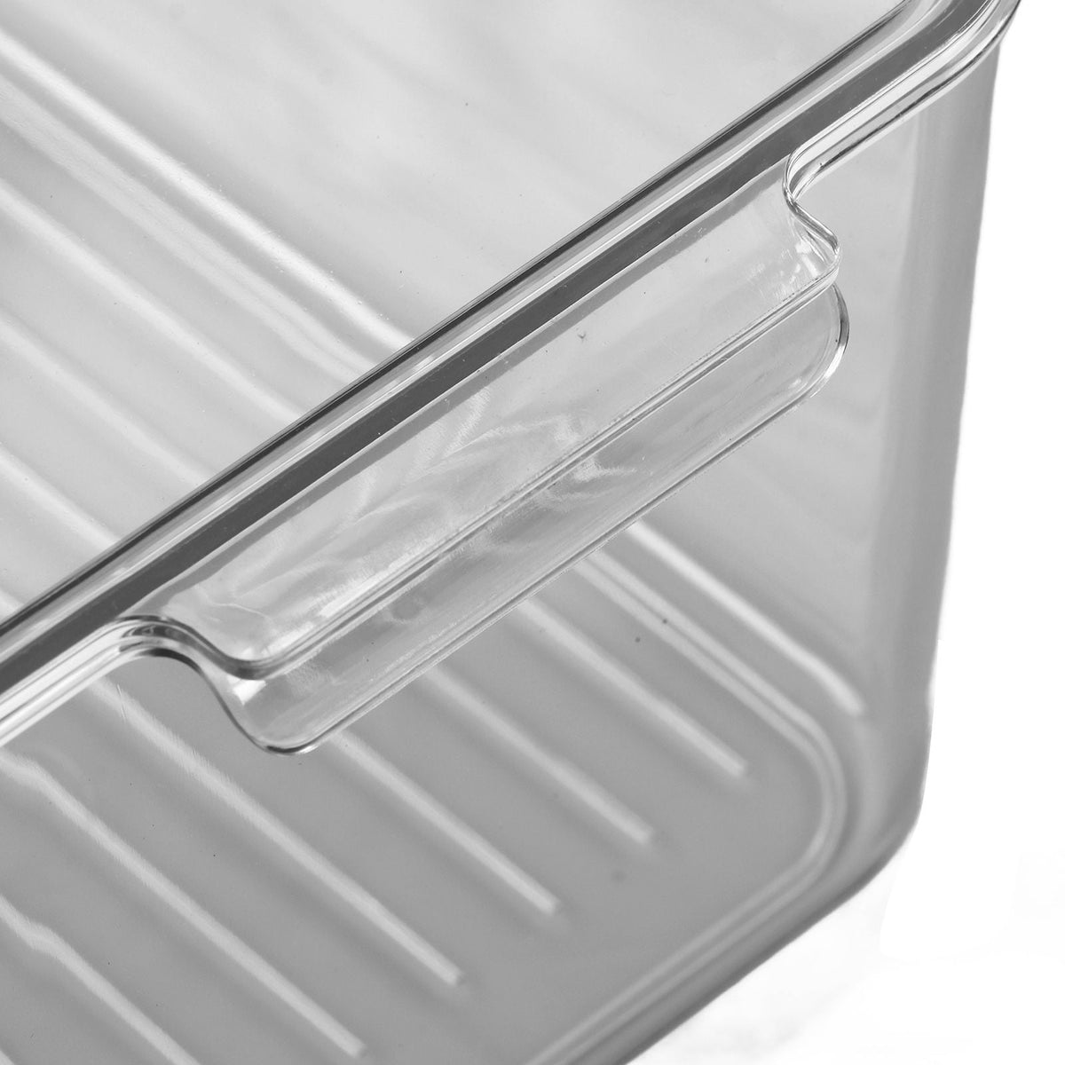Plastic Storage Box in clear rigid plastic, showing a fitted lid edge and molded side handle detail