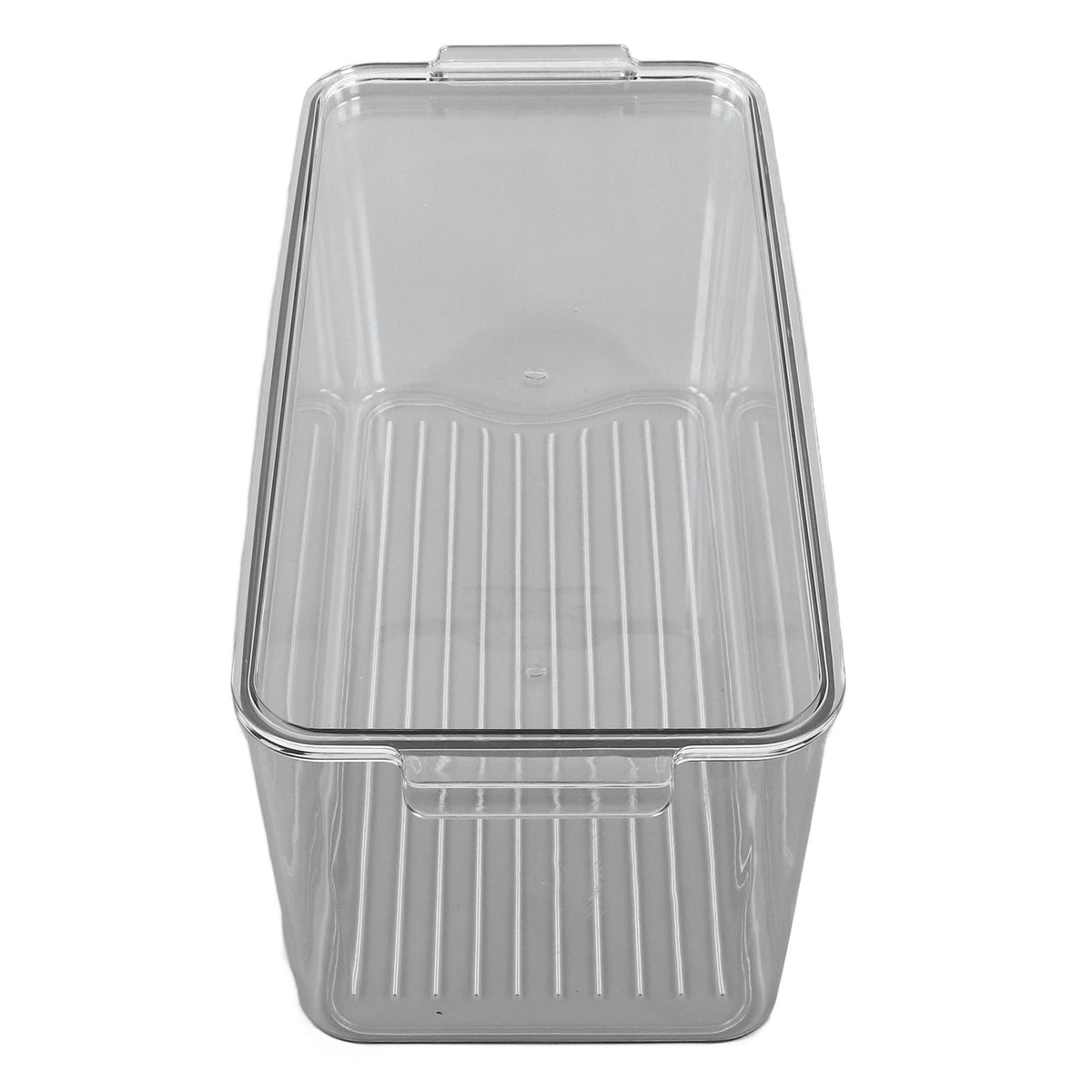 Plastic Storage Box in clear transparent plastic with a fitted lid, ridged base and integrated side handles