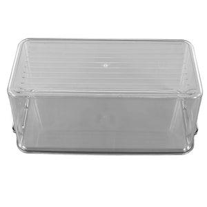 Plastic Storage Box in clear transparent plastic with a fitted lid, rectangular shape and integrated side handles