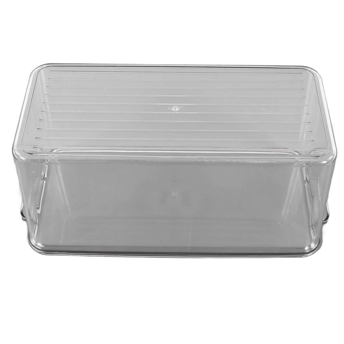 Plastic Storage Box in clear transparent plastic with a fitted lid, rectangular shape and integrated side handles