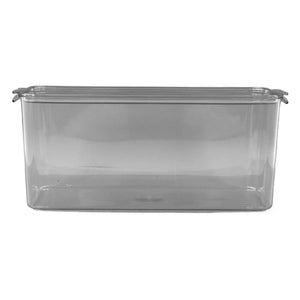 Plastic Storage Box in clear transparent plastic, a wide rectangular container with a fitted lid and side handles