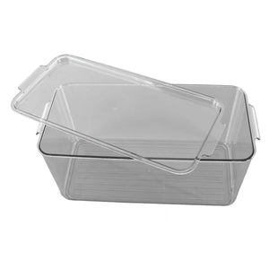 Plastic Storage Box in clear plastic with a transparent removable lid and integrated side handles for easy carrying