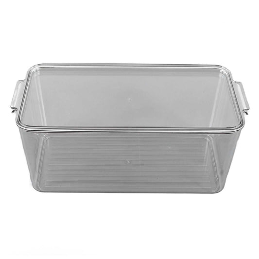 Plastic Storage Box in clear transparent plastic with an open top, ribbed base and integrated side handles