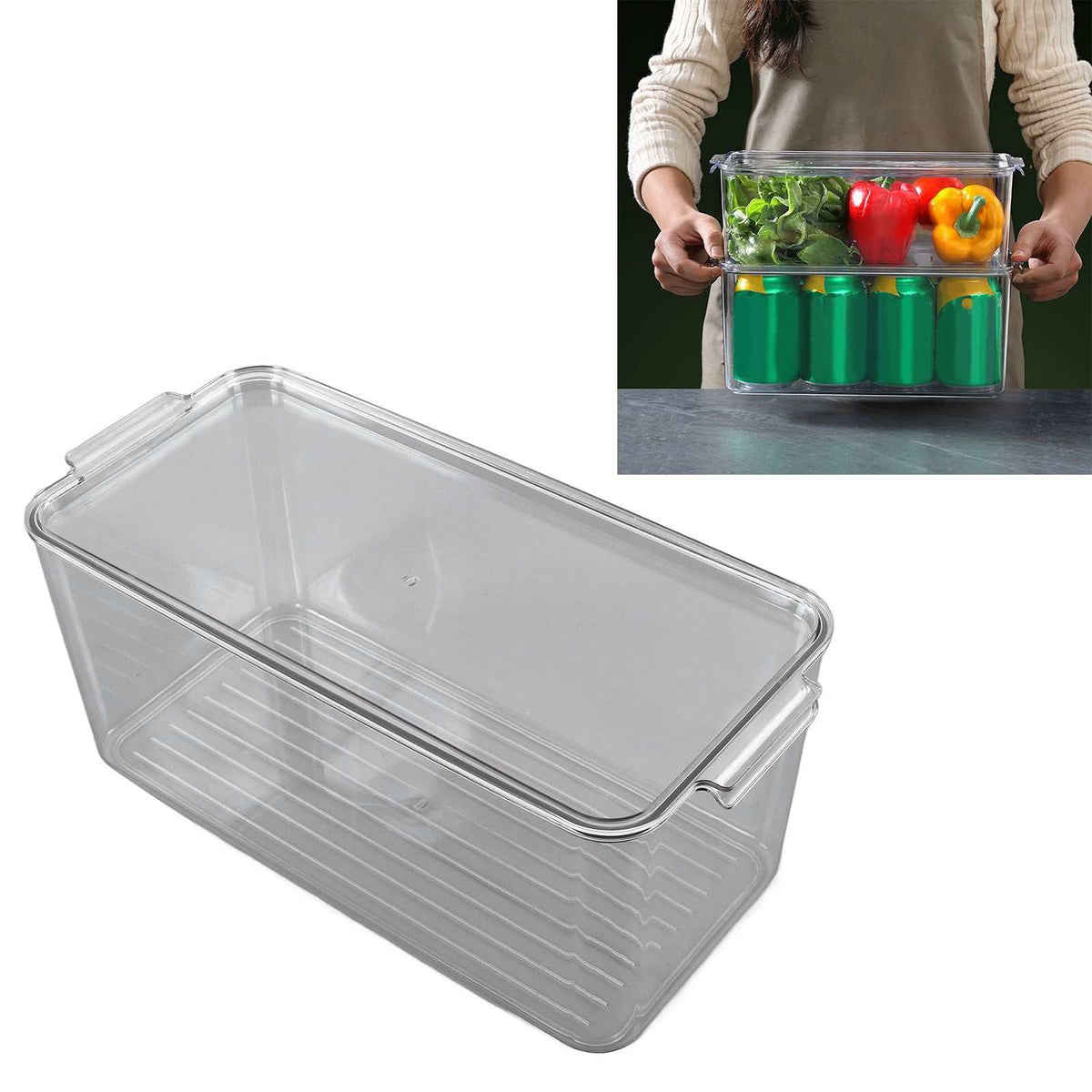 Plastic Storage Box in clear rigid plastic, rectangular open-top design with a ridged base and integrated side handles