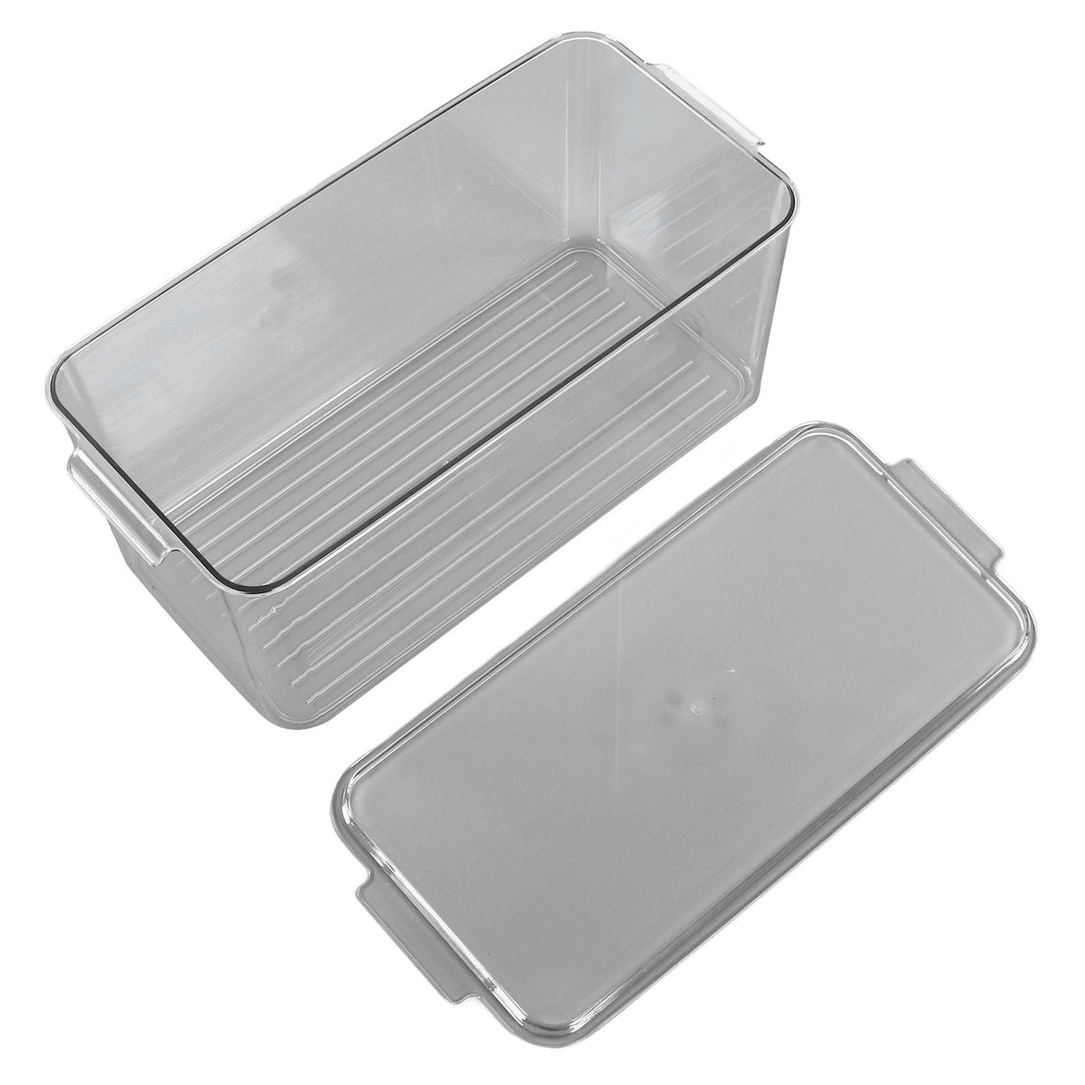 Plastic Storage Box in clear plastic with a ridged base and a separate removable lid for organised storage.