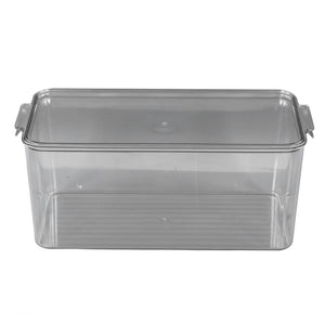 Plastic Storage Box in clear plastic with transparent walls, a ridged base and integrated side handles