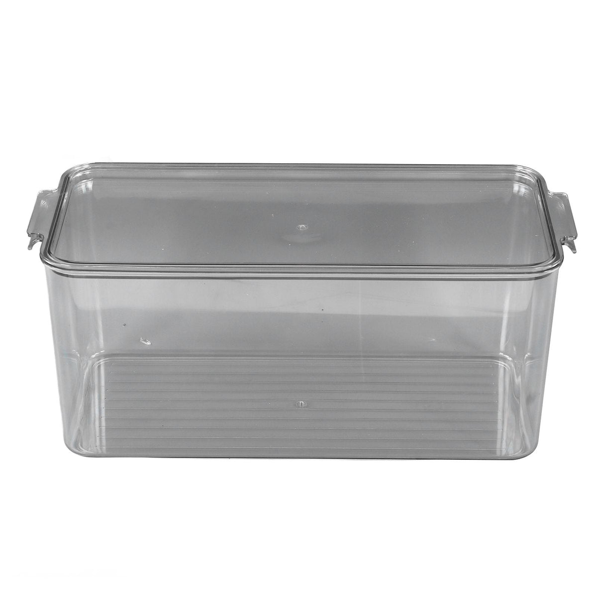 Plastic Storage Box in clear plastic with transparent walls, a ridged base and integrated side handles